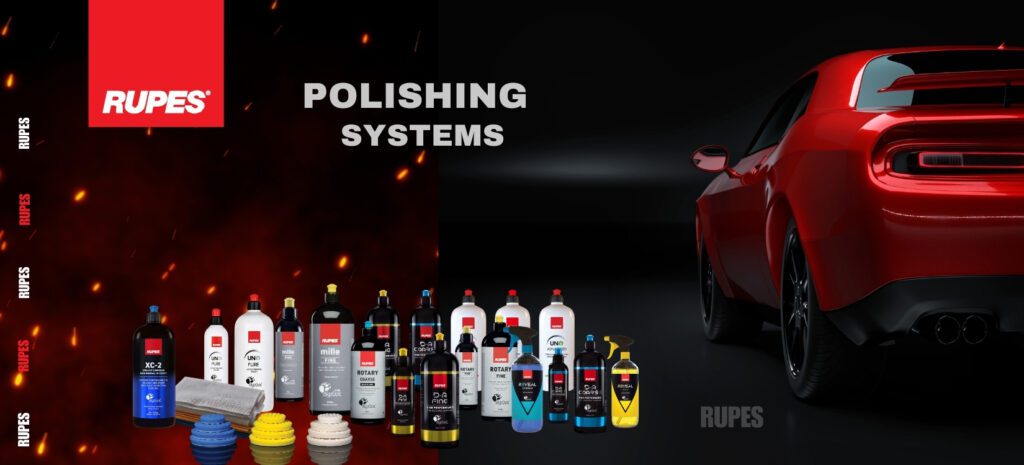 Rupes car polishing machine being used on a black vehicle